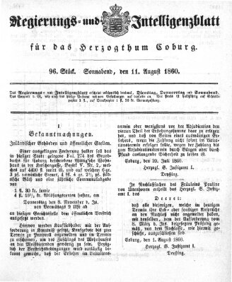 Regierungs- und Intelligenzblatt für das Herzogtum Coburg (Coburger Regierungs-Blatt) Samstag 11. August 1860