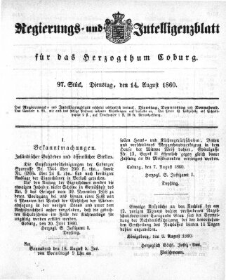 Regierungs- und Intelligenzblatt für das Herzogtum Coburg (Coburger Regierungs-Blatt) Dienstag 14. August 1860