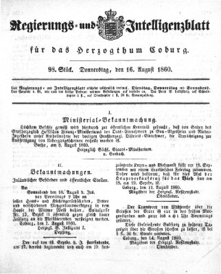 Regierungs- und Intelligenzblatt für das Herzogtum Coburg (Coburger Regierungs-Blatt) Donnerstag 16. August 1860