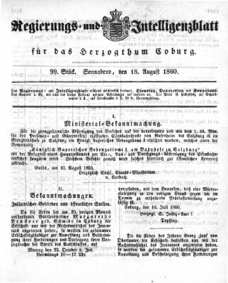 Regierungs- und Intelligenzblatt für das Herzogtum Coburg (Coburger Regierungs-Blatt) Samstag 18. August 1860