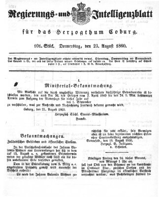 Regierungs- und Intelligenzblatt für das Herzogtum Coburg (Coburger Regierungs-Blatt) Donnerstag 23. August 1860