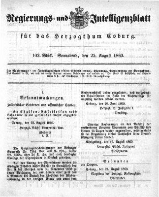 Regierungs- und Intelligenzblatt für das Herzogtum Coburg (Coburger Regierungs-Blatt) Samstag 25. August 1860