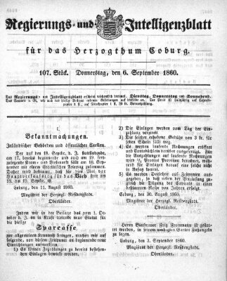 Regierungs- und Intelligenzblatt für das Herzogtum Coburg (Coburger Regierungs-Blatt) Donnerstag 6. September 1860