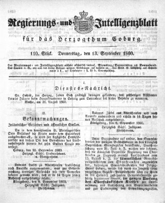 Regierungs- und Intelligenzblatt für das Herzogtum Coburg (Coburger Regierungs-Blatt) Donnerstag 13. September 1860