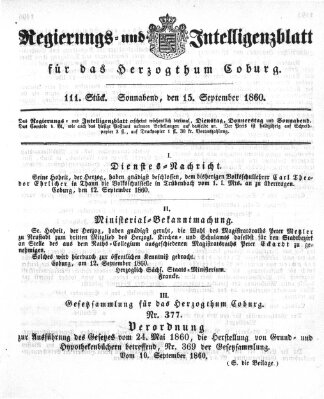 Regierungs- und Intelligenzblatt für das Herzogtum Coburg (Coburger Regierungs-Blatt) Samstag 15. September 1860