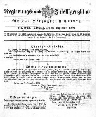 Regierungs- und Intelligenzblatt für das Herzogtum Coburg (Coburger Regierungs-Blatt) Dienstag 18. September 1860