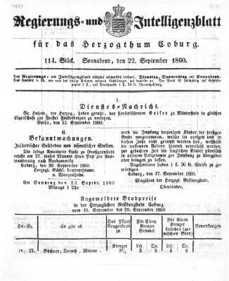 Regierungs- und Intelligenzblatt für das Herzogtum Coburg (Coburger Regierungs-Blatt) Samstag 22. September 1860