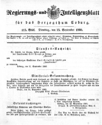 Regierungs- und Intelligenzblatt für das Herzogtum Coburg (Coburger Regierungs-Blatt) Dienstag 25. September 1860