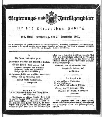 Regierungs- und Intelligenzblatt für das Herzogtum Coburg (Coburger Regierungs-Blatt) Donnerstag 27. September 1860