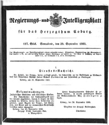 Regierungs- und Intelligenzblatt für das Herzogtum Coburg (Coburger Regierungs-Blatt) Samstag 29. September 1860