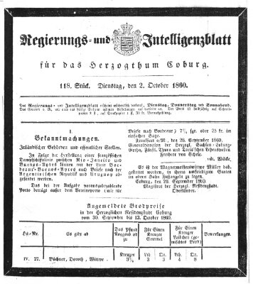 Regierungs- und Intelligenzblatt für das Herzogtum Coburg (Coburger Regierungs-Blatt) Dienstag 2. Oktober 1860