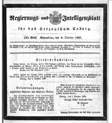 Regierungs- und Intelligenzblatt für das Herzogtum Coburg (Coburger Regierungs-Blatt) Samstag 6. Oktober 1860