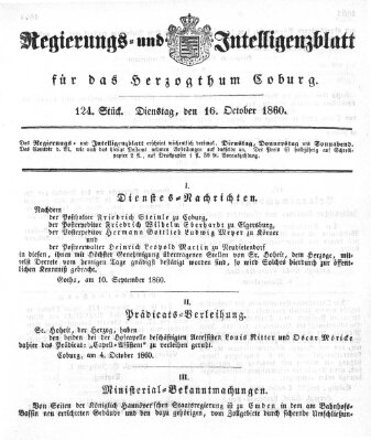 Regierungs- und Intelligenzblatt für das Herzogtum Coburg (Coburger Regierungs-Blatt) Dienstag 16. Oktober 1860