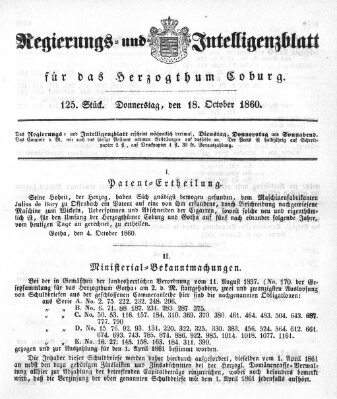 Regierungs- und Intelligenzblatt für das Herzogtum Coburg (Coburger Regierungs-Blatt) Donnerstag 18. Oktober 1860