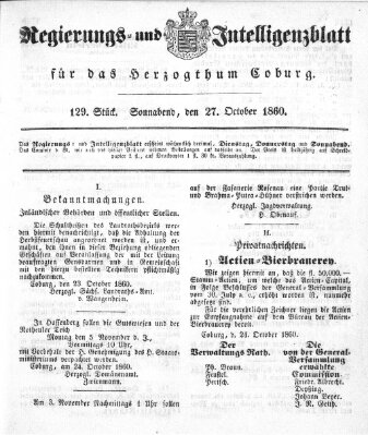 Regierungs- und Intelligenzblatt für das Herzogtum Coburg (Coburger Regierungs-Blatt) Samstag 27. Oktober 1860