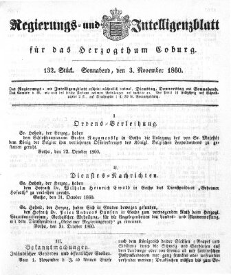 Regierungs- und Intelligenzblatt für das Herzogtum Coburg (Coburger Regierungs-Blatt) Samstag 3. November 1860