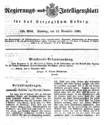 Regierungs- und Intelligenzblatt für das Herzogtum Coburg (Coburger Regierungs-Blatt) Dienstag 13. November 1860