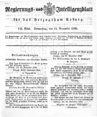 Regierungs- und Intelligenzblatt für das Herzogtum Coburg (Coburger Regierungs-Blatt) Donnerstag 15. November 1860