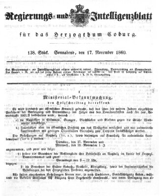 Regierungs- und Intelligenzblatt für das Herzogtum Coburg (Coburger Regierungs-Blatt) Samstag 17. November 1860