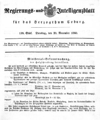 Regierungs- und Intelligenzblatt für das Herzogtum Coburg (Coburger Regierungs-Blatt) Dienstag 20. November 1860