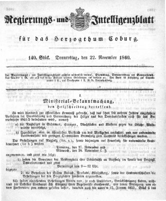 Regierungs- und Intelligenzblatt für das Herzogtum Coburg (Coburger Regierungs-Blatt) Donnerstag 22. November 1860