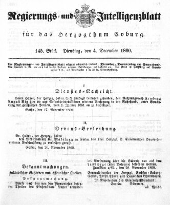 Regierungs- und Intelligenzblatt für das Herzogtum Coburg (Coburger Regierungs-Blatt) Dienstag 4. Dezember 1860