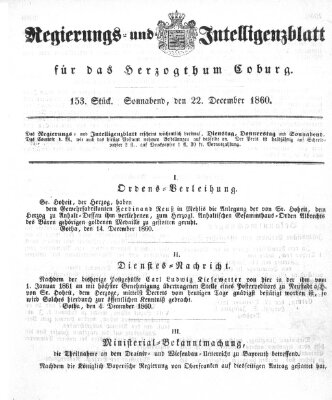 Regierungs- und Intelligenzblatt für das Herzogtum Coburg (Coburger Regierungs-Blatt) Samstag 22. Dezember 1860