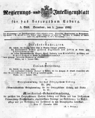 Regierungs- und Intelligenzblatt für das Herzogtum Coburg (Coburger Regierungs-Blatt) Samstag 5. Januar 1861