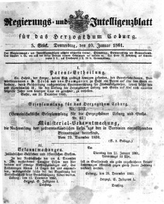 Regierungs- und Intelligenzblatt für das Herzogtum Coburg (Coburger Regierungs-Blatt) Donnerstag 10. Januar 1861