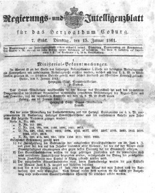 Regierungs- und Intelligenzblatt für das Herzogtum Coburg (Coburger Regierungs-Blatt) Dienstag 15. Januar 1861