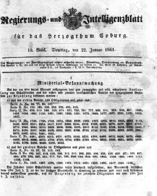 Regierungs- und Intelligenzblatt für das Herzogtum Coburg (Coburger Regierungs-Blatt) Dienstag 22. Januar 1861