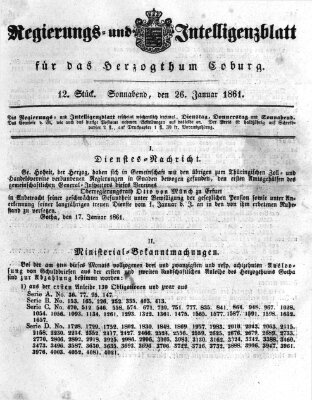 Regierungs- und Intelligenzblatt für das Herzogtum Coburg (Coburger Regierungs-Blatt) Samstag 26. Januar 1861