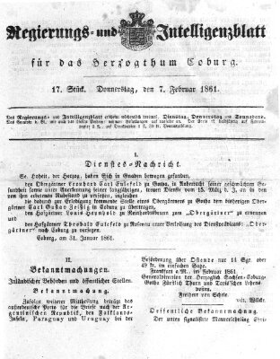 Regierungs- und Intelligenzblatt für das Herzogtum Coburg (Coburger Regierungs-Blatt) Donnerstag 7. Februar 1861