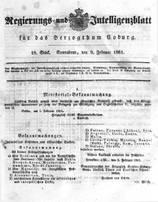 Regierungs- und Intelligenzblatt für das Herzogtum Coburg (Coburger Regierungs-Blatt) Samstag 9. Februar 1861