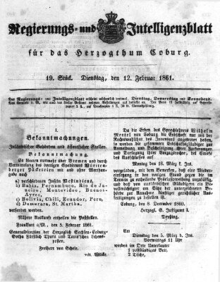 Regierungs- und Intelligenzblatt für das Herzogtum Coburg (Coburger Regierungs-Blatt) Dienstag 12. Februar 1861