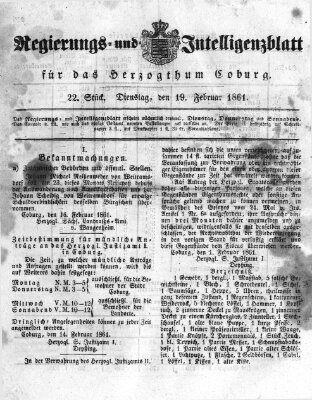 Regierungs- und Intelligenzblatt für das Herzogtum Coburg (Coburger Regierungs-Blatt) Dienstag 19. Februar 1861