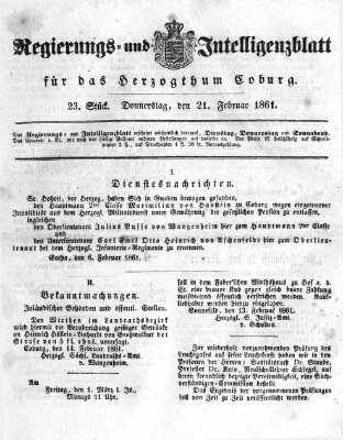 Regierungs- und Intelligenzblatt für das Herzogtum Coburg (Coburger Regierungs-Blatt) Donnerstag 21. Februar 1861