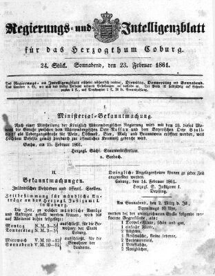 Regierungs- und Intelligenzblatt für das Herzogtum Coburg (Coburger Regierungs-Blatt) Samstag 23. Februar 1861