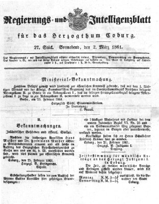 Regierungs- und Intelligenzblatt für das Herzogtum Coburg (Coburger Regierungs-Blatt) Samstag 2. März 1861