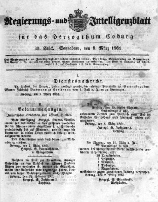 Regierungs- und Intelligenzblatt für das Herzogtum Coburg (Coburger Regierungs-Blatt) Samstag 9. März 1861