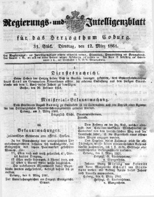 Regierungs- und Intelligenzblatt für das Herzogtum Coburg (Coburger Regierungs-Blatt) Dienstag 12. März 1861