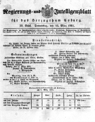 Regierungs- und Intelligenzblatt für das Herzogtum Coburg (Coburger Regierungs-Blatt) Donnerstag 14. März 1861