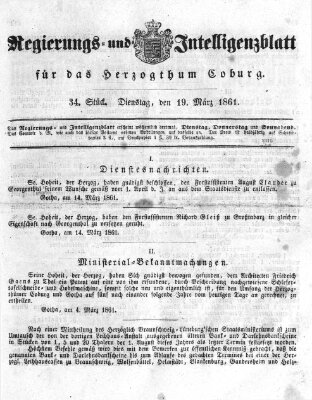 Regierungs- und Intelligenzblatt für das Herzogtum Coburg (Coburger Regierungs-Blatt) Dienstag 19. März 1861