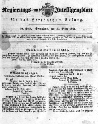 Regierungs- und Intelligenzblatt für das Herzogtum Coburg (Coburger Regierungs-Blatt) Samstag 30. März 1861