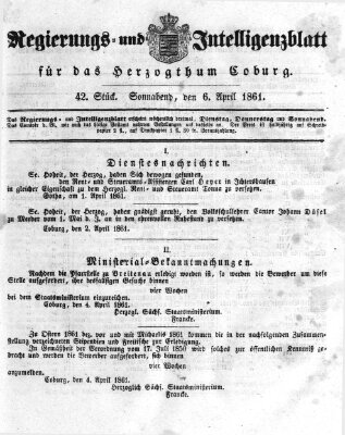 Regierungs- und Intelligenzblatt für das Herzogtum Coburg (Coburger Regierungs-Blatt) Samstag 6. April 1861