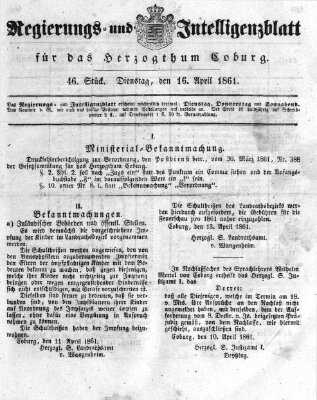 Regierungs- und Intelligenzblatt für das Herzogtum Coburg (Coburger Regierungs-Blatt) Dienstag 16. April 1861