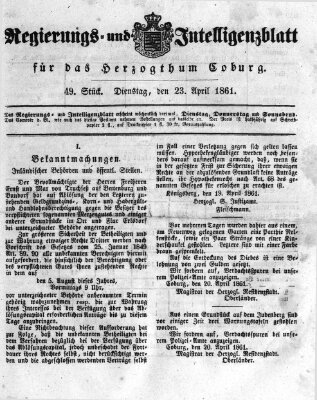 Regierungs- und Intelligenzblatt für das Herzogtum Coburg (Coburger Regierungs-Blatt) Dienstag 23. April 1861