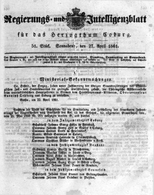 Regierungs- und Intelligenzblatt für das Herzogtum Coburg (Coburger Regierungs-Blatt) Samstag 27. April 1861