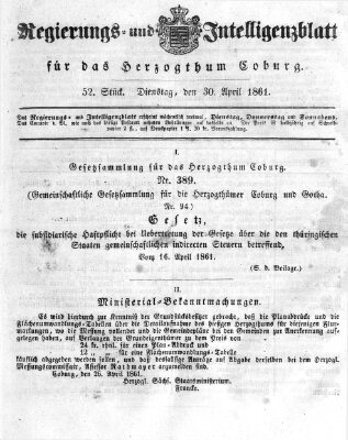 Regierungs- und Intelligenzblatt für das Herzogtum Coburg (Coburger Regierungs-Blatt) Dienstag 30. April 1861