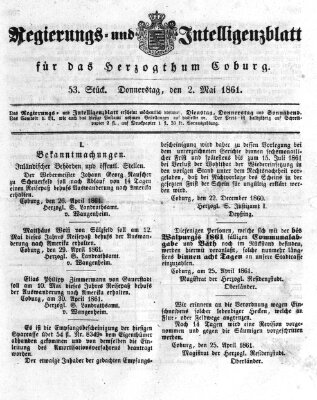 Regierungs- und Intelligenzblatt für das Herzogtum Coburg (Coburger Regierungs-Blatt) Donnerstag 2. Mai 1861